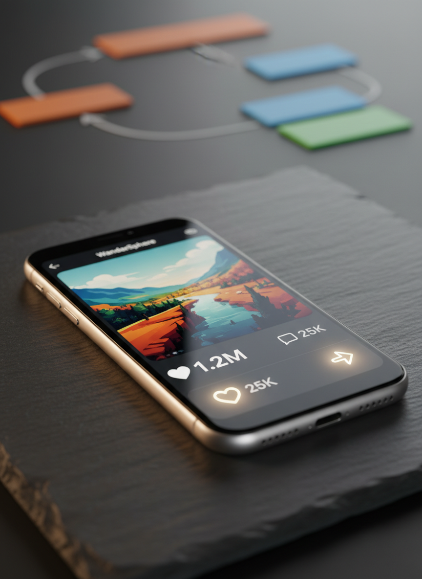 A dramatic close-up of a smartphone lying on a smooth, dark slate surface, its edge accented by a subtle metallic sheen. The screen shows a freshly published, visually striking social media post with high engagement indicators—small heart, comment, and share icons visibly glowing. In the blurred background, a faint outline of a content planning board can be seen, with color-coded blocks and arrows. Warm, focused side lighting highlights the phone’s glass surface and creates a soft rim of light along its edges. Photographic realism with a shallow depth of field, conveying immediacy, impact, and the results of creative, well-executed campaigns.