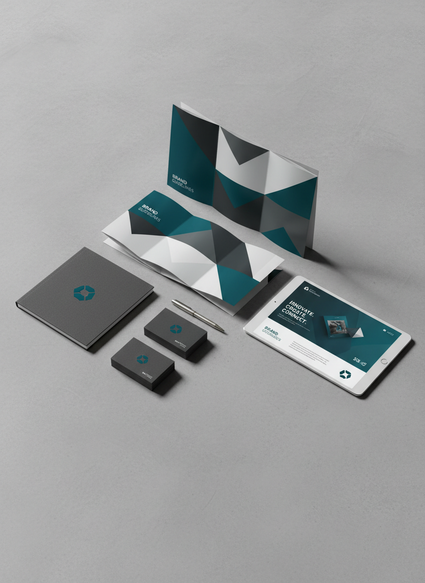 A flat lay of carefully designed marketing materials spread across a smooth concrete surface: glossy tri-fold brochures, a minimalist brand style guide booklet, and thick business cards with embossed logos in deep teal and charcoal. Nearby, a tablet displays a mockup of a social media ad, its screen vivid and sharp. A slim, metallic pen rests diagonally, adding structure to the composition. Soft studio lighting from the top-right casts gentle, directional shadows that define each edge without clutter. Photographic realism with a clean, corporate aesthetic, shot from directly above, creating a sense of precision, creativity, and cohesive brand storytelling.