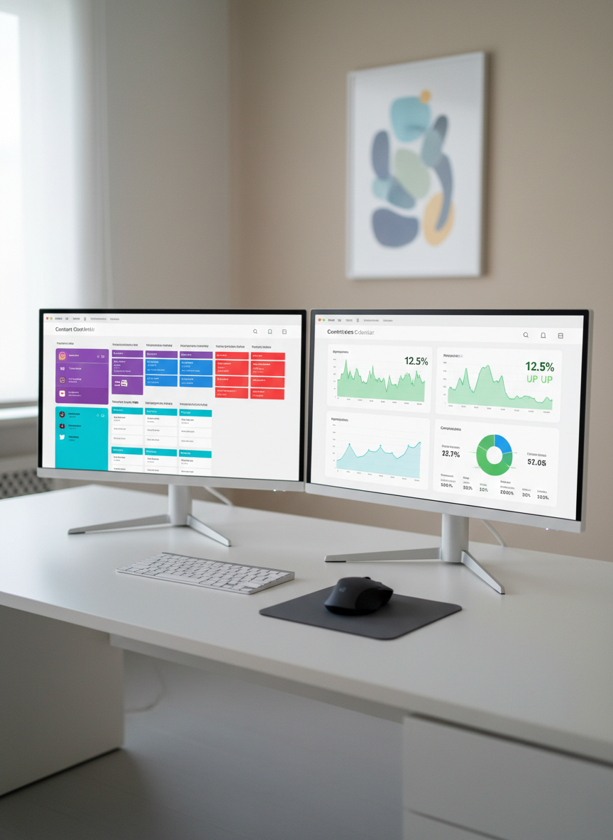 A dual-monitor setup on a smooth white desk, the left screen showcasing a vibrant, multi-platform content schedule and the right screen displaying real-time analytics with line graphs and engagement metrics. Between the monitors sits a slim, wireless keyboard and a dark charcoal mouse on a matching mouse pad, all perfectly aligned. The background is a softly blurred, neutral-toned wall with a single abstract art print for subtle color. Cool, balanced daylight from a nearby window evenly illuminates the scene, with soft reflections on the screens. Photographic realism, shot at a slightly angled perspective, projecting efficiency, control, and data-driven marketing performance.