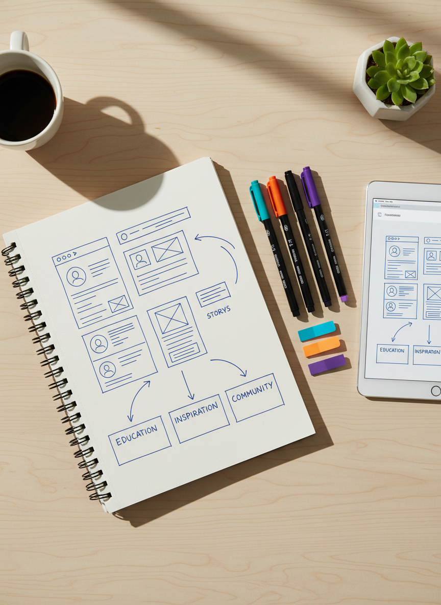 An overhead shot of a clean, bright workspace where a large sketchpad lies open on a light birch desk, filled with hand-drawn wireframes of social media layouts, arrows connecting ideas, and neatly labeled content pillars. Beside it, a set of precise fineliner pens and color-marked tabs form a tidy row. A tablet to the side shows a refined digital version of the plan. Soft morning light streams in from the top of the frame, casting delicate shadows from the pens and edge of the sketchpad. Photographic realism with a minimalist, creative aesthetic, emphasizing conceptual development and strategic content creation.