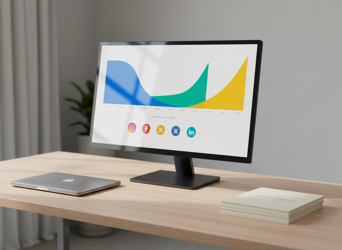 A sleek, modern workspace featuring a large matte-black monitor displaying an elegant marketing analytics dashboard with colorful graphs and social media icons. The screen sits on a pale oak desk with a smooth, uncluttered surface, accented by a closed silver laptop and a neatly stacked set of branded notebooks. Soft daylight from an unseen window washes in from the left, creating gentle reflections on the monitor and subtle shadows beneath the devices. Photographic realism with clean, professional styling, shot at eye level with a shallow depth of field so the background dissolves into a soft blur of neutral tones, conveying clarity, focus, and sophisticated digital marketing strategy.