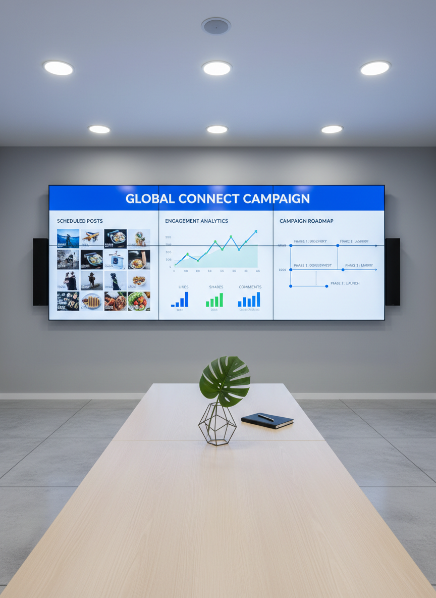 A large wall-mounted screen in a minimalist conference room displaying a bold marketing campaign overview, with high-resolution visuals of scheduled posts, engagement charts, and a clear campaign roadmap. The screen dominates a pale grey wall above a long, light-wood table holding only a single closed notebook and a geometric glass vase with a simple green leaf. Cool, even artificial lighting from recessed ceiling fixtures bathes the room, creating soft reflections on the screen and table. Photographic realism, composed with a wide-angle lens at eye level, emphasizing open space, clarity, and the professional, strategic nature of comprehensive social media management.