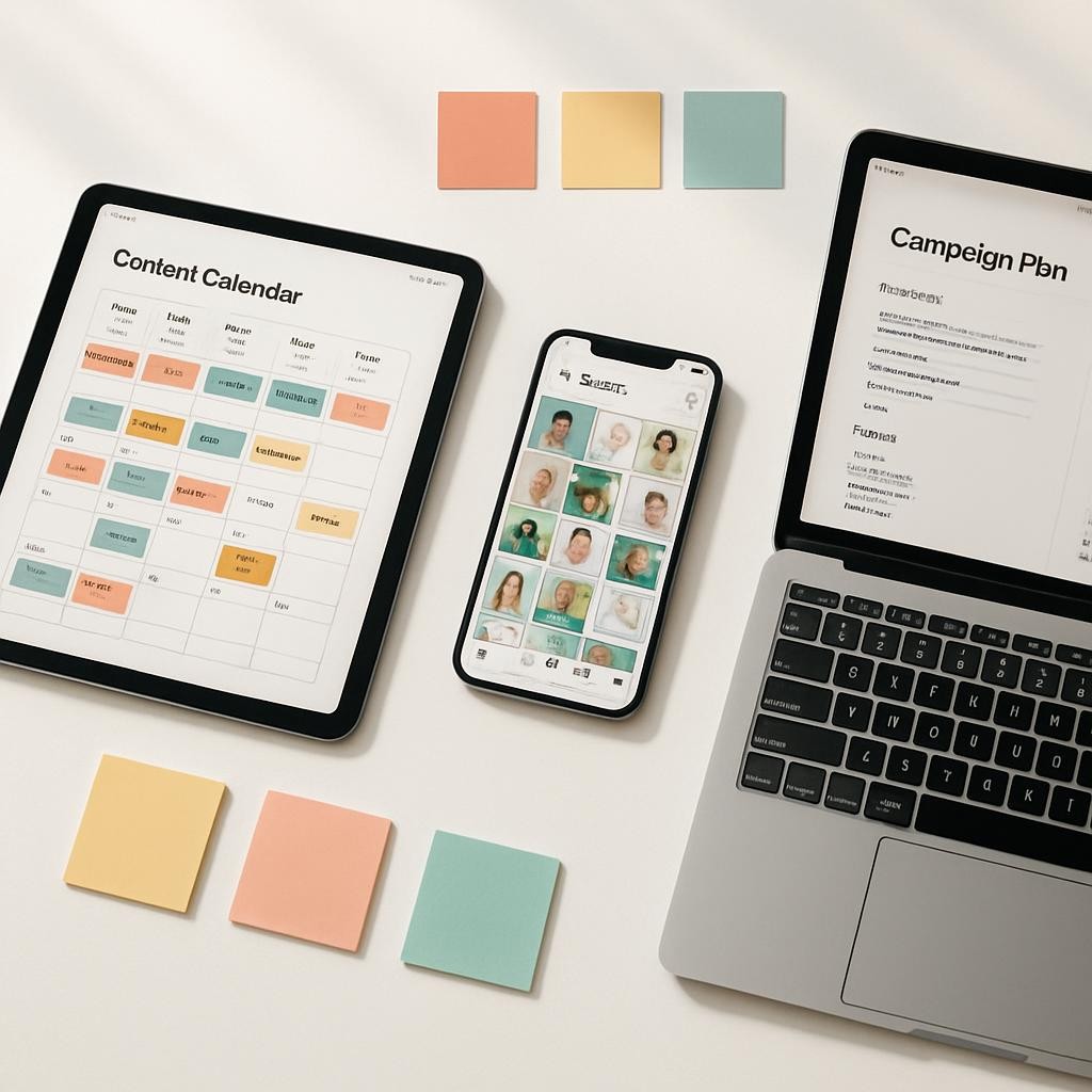 A collection of meticulously arranged digital devices on a pristine white tabletop: a tablet showcasing a polished content calendar, a smartphone displaying an engaging social media grid, and a slim laptop open to a campaign planning document. Each screen glows with crisp, vibrant interface details, while branded color swatches and neatly aligned sticky notes form a visual arc around them. Diffused daylight from overhead creates a bright, even illumination with minimal shadows, enhancing the clean, modern atmosphere. Photographic realism, captured from a slightly elevated angle with sharp focus throughout, conveying organized, strategic marketing execution and professional content planning.